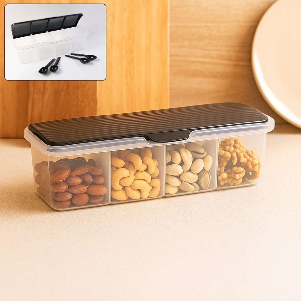 Side view of plastic 4-in-1 masala box with spinning base for easy access