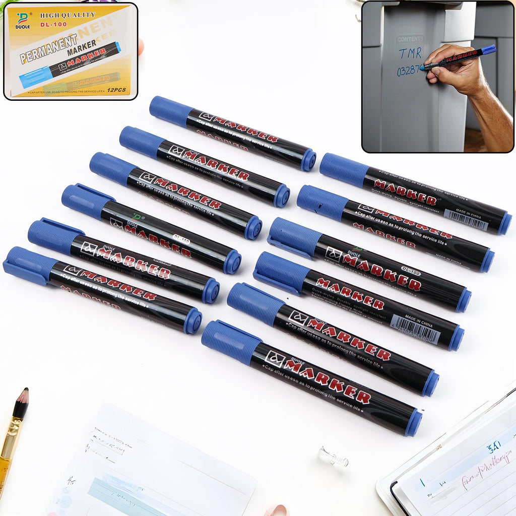 Permanent blue marker pens pack showing 12 vibrant pens
