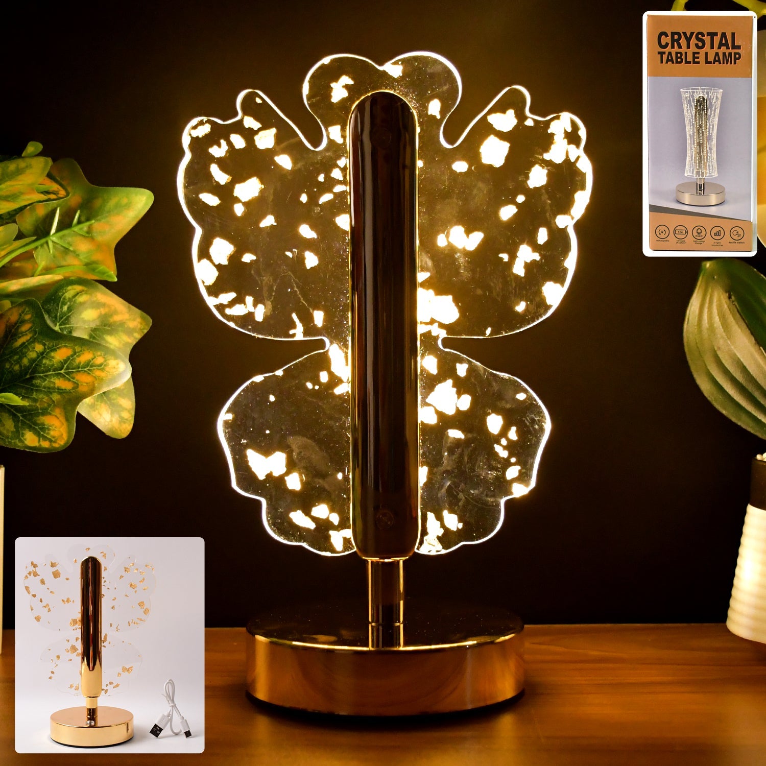 Crystal LED table lamp with butterfly-shaped acrylic shade and golden flakes