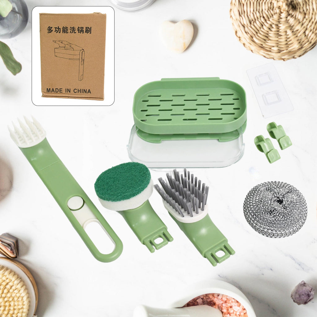 9-piece Dish Brush Set with long handle and various replacement heads in a modern kitchen setting.