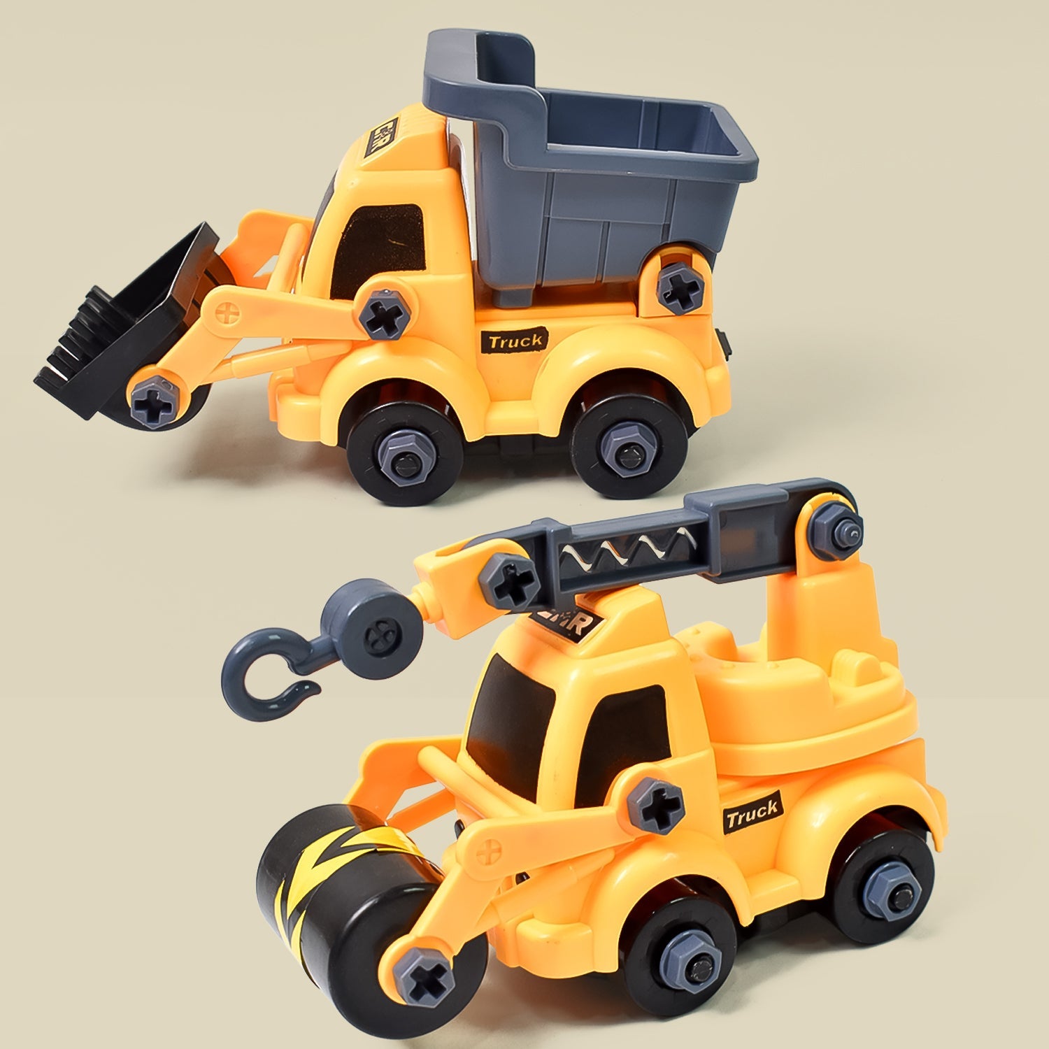 Various parts of the educational vehicle toy, including nuts, bolts, and tools, laid out for assembly.