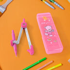 Kids geometry compass set with pink bear-themed storage box