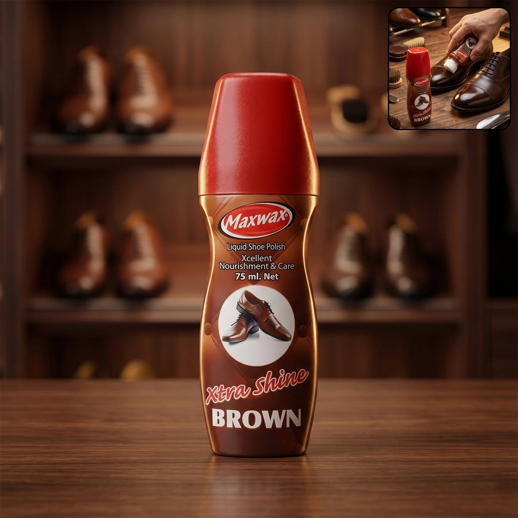Brown liquid shoe polish in bottle with sponge applicator