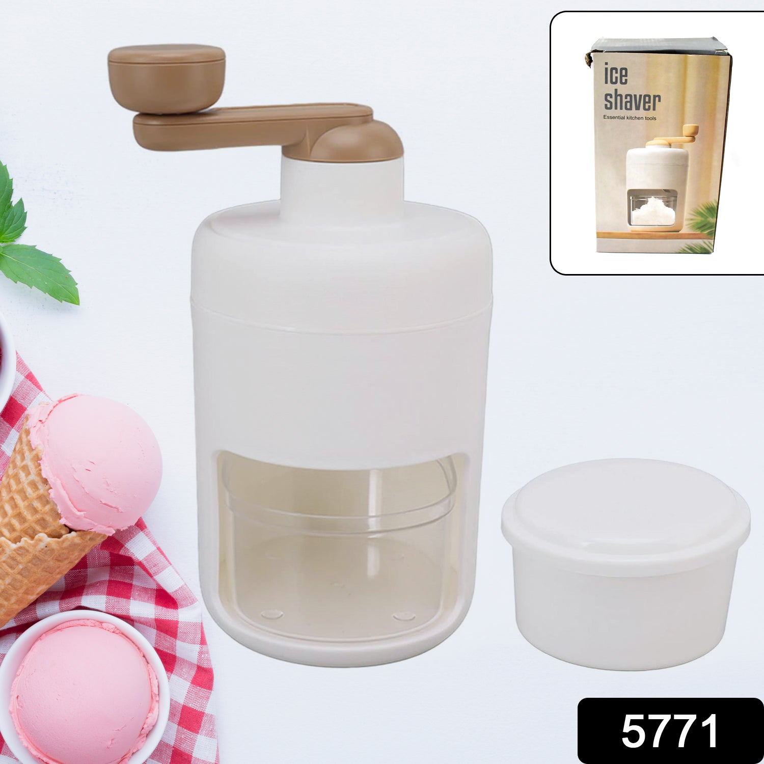 Compact manual ice shaver, perfect for quickly making fruit smoothies at home.
