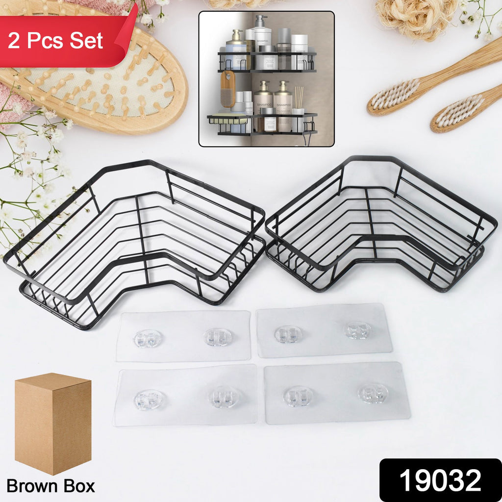 Close-up of self-adhesive black iron-coated stainless steel corner shelf organizer with hooks