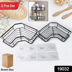 Close-up of self-adhesive black iron-coated stainless steel corner shelf organizer with hooks