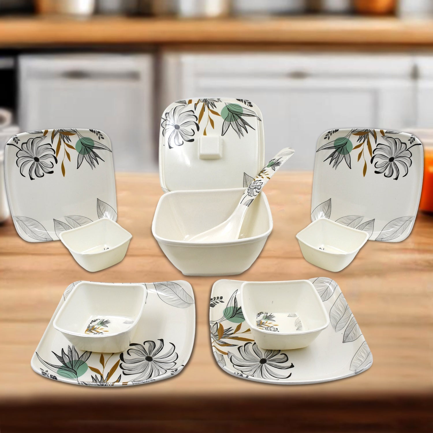 Complete 11-piece plastic dinner set in a vibrant color, ready for family meals.