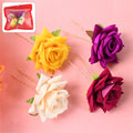 Multicolor flower hair pin showing vibrant rose design on dark hair