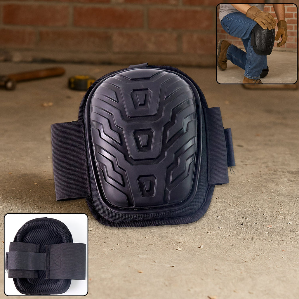 Heavy-duty knee pad with shock-resistant shell and adjustable straps on work surface
