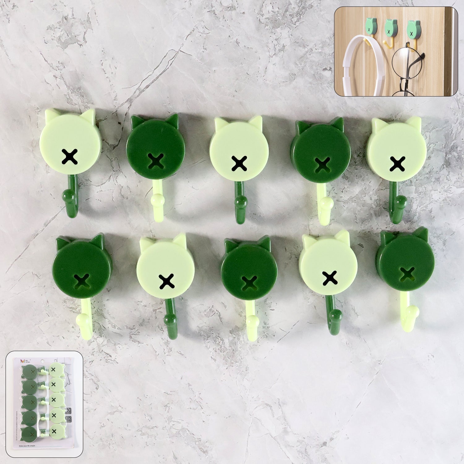 Set of 10 self adhesive round wall hooks showcased in a compact design