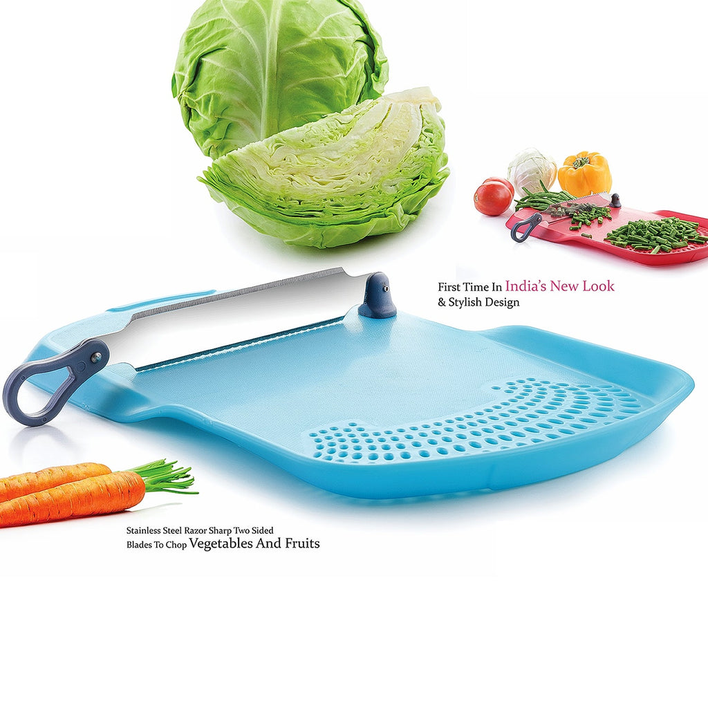 Close-up view of Cut 'n' Wash cutting board's perforated strainer section