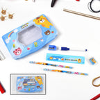 Close-up of the durable metal compass box featuring a playful cartoon design for school children.