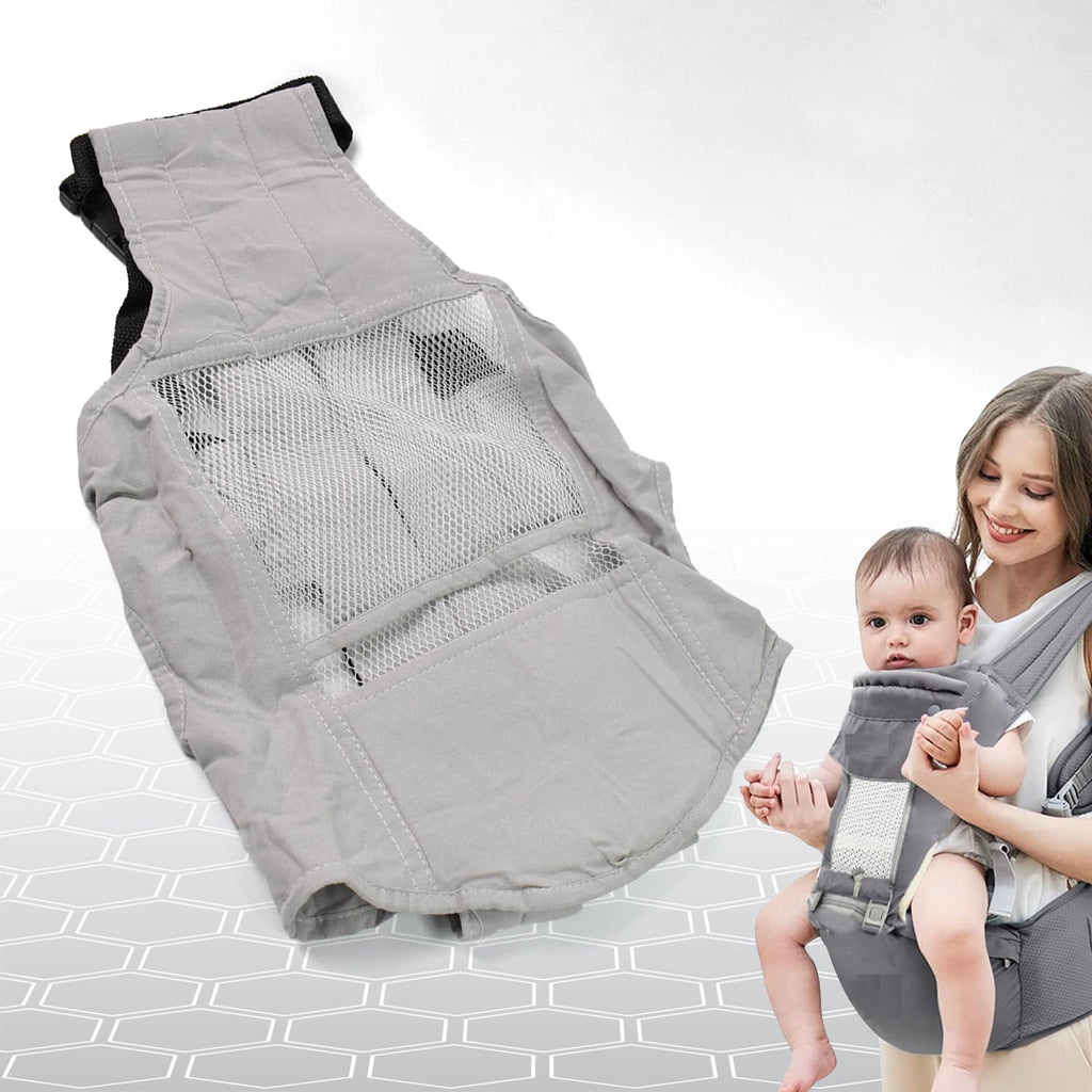 Ergonomic baby carrier with hip seat in a neutral color, front view.