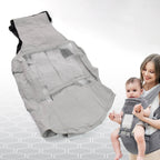 Ergonomic baby carrier with hip seat in a neutral color, front view.