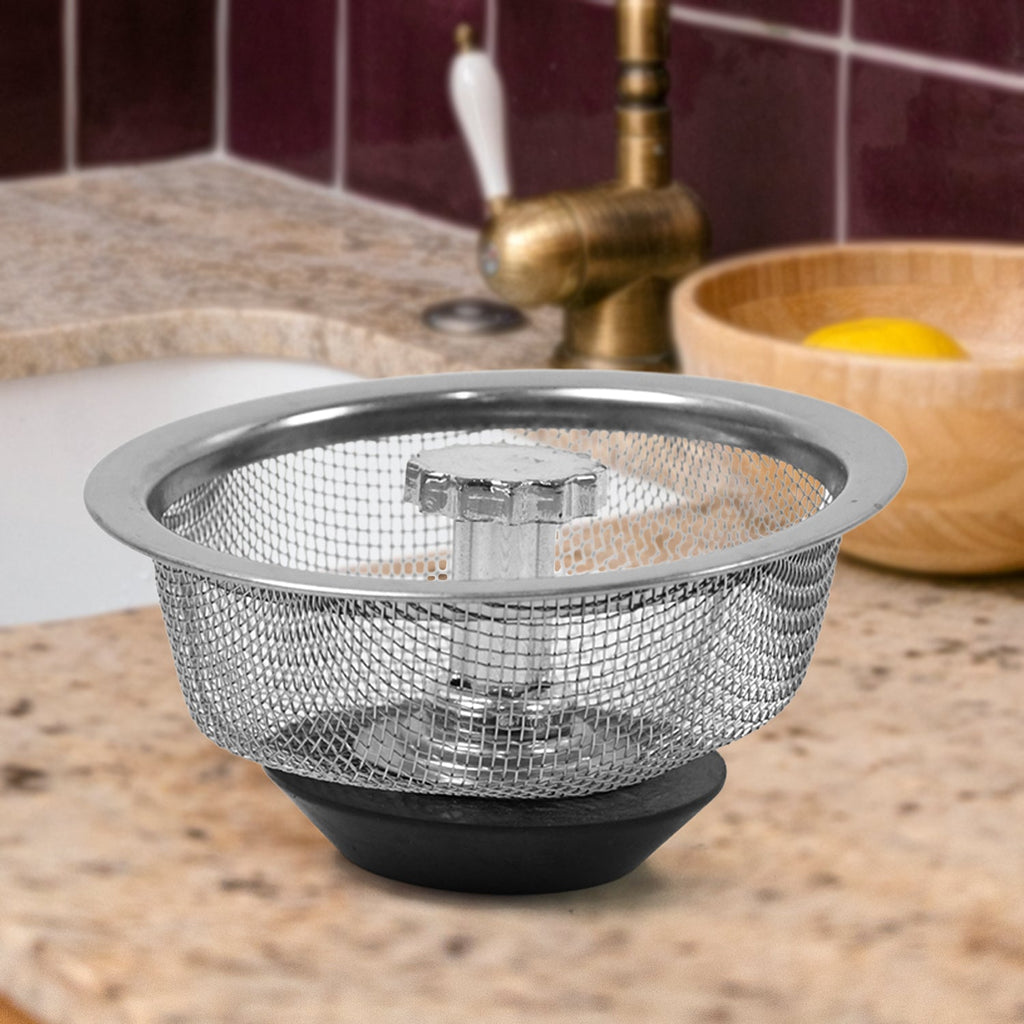 Stainless steel sink strainer basket with adjustable stopper for kitchen drain.