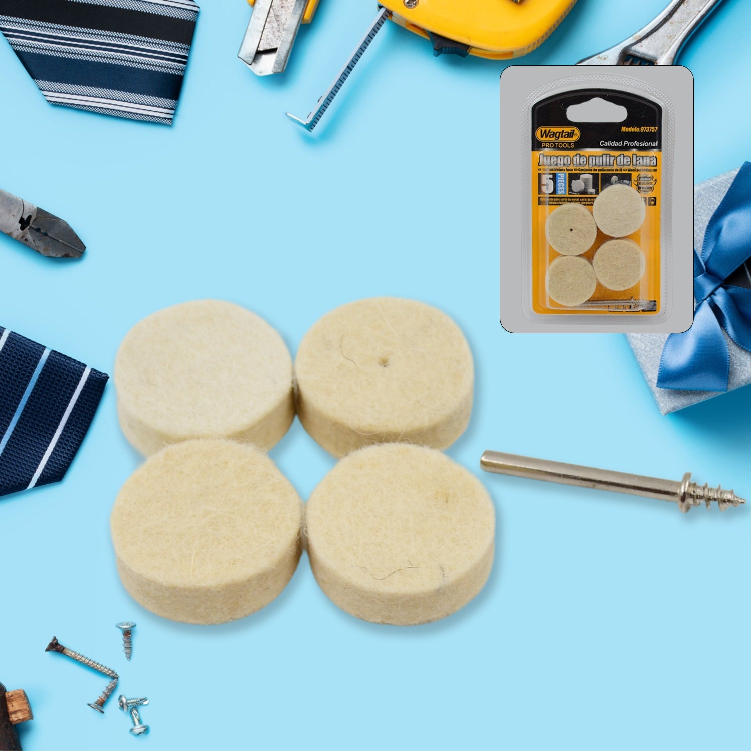 Complete 4-piece wool felt polishing pad set for rotary tools by Wagtail.