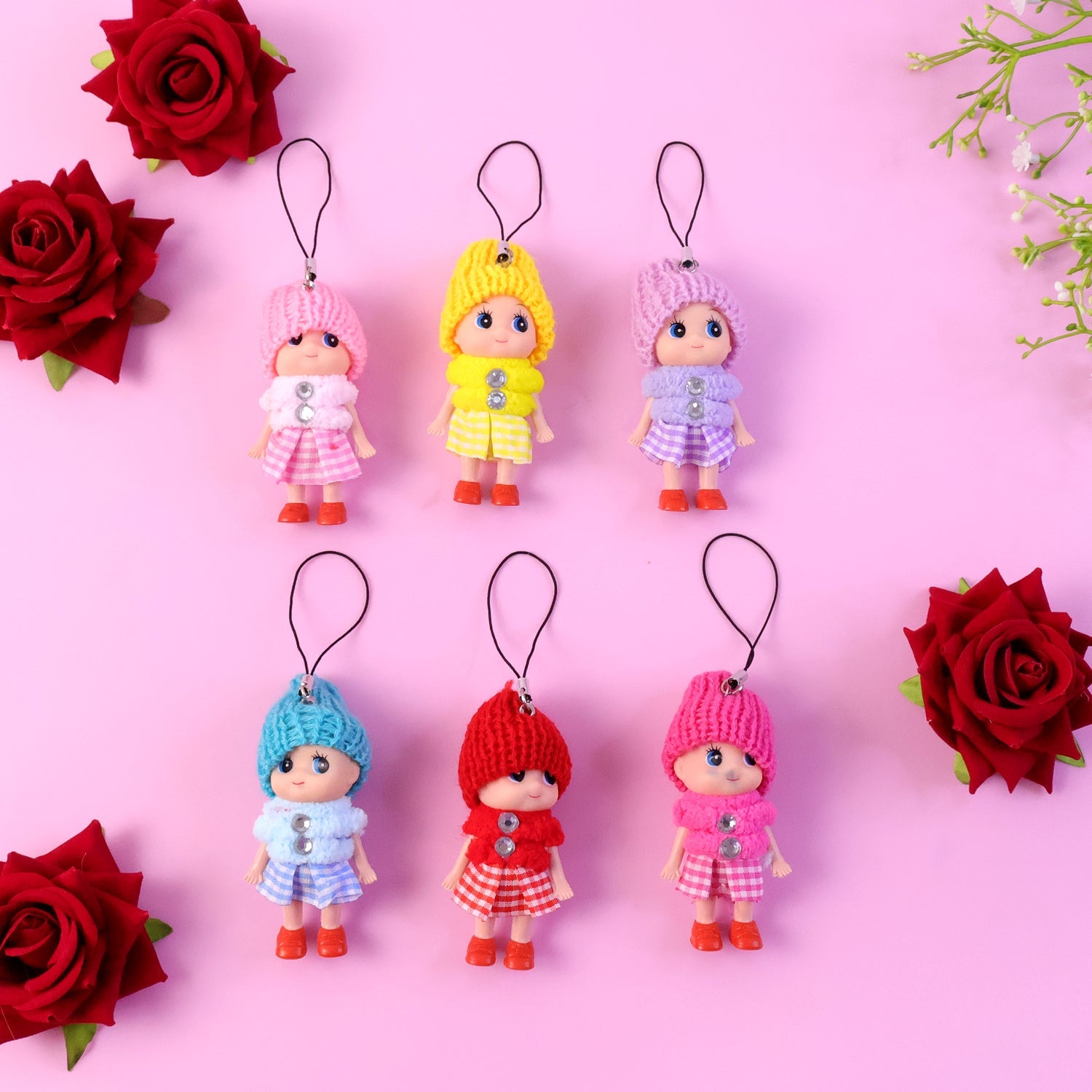 Mini doll hanging keychain set with 6 colorful cute cartoon charms