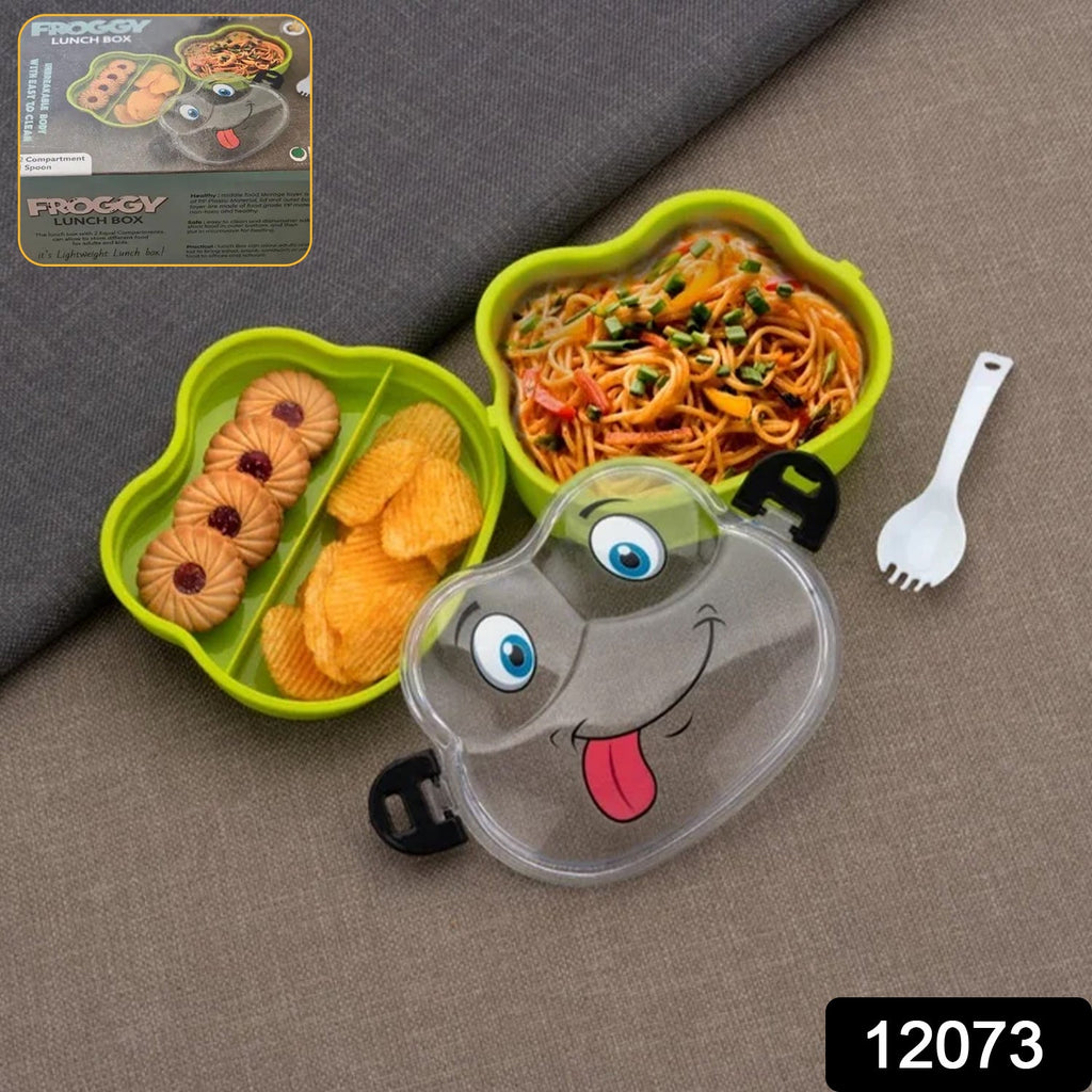 Top view of the cute froggy lunch box, showing its secure clips and spoon.