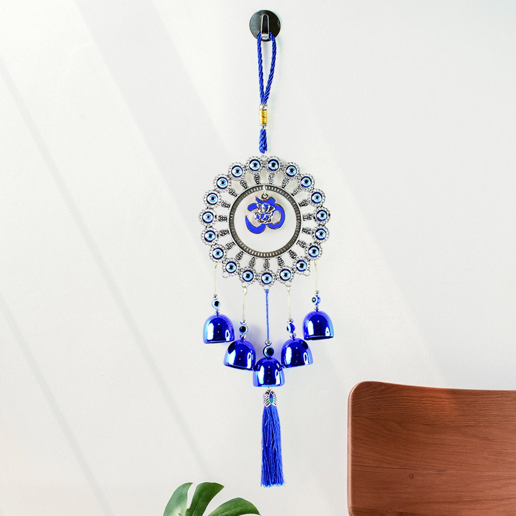 Om Evil Eye Wind Chime with blue metallic bells and Nazar beads