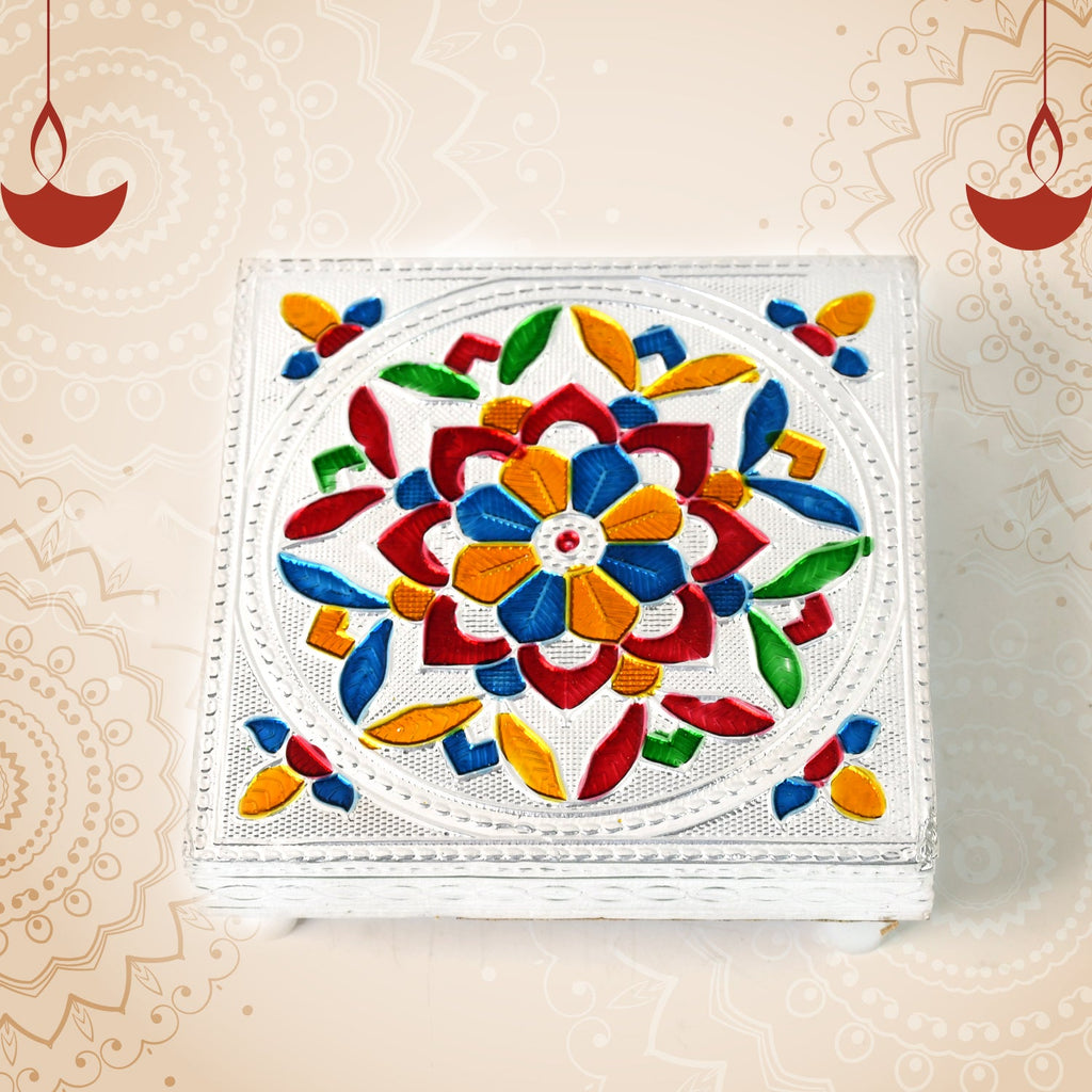 A vibrant multicolor Meenakari Wooden Chowki, intricately hand-painted, displayed on a clean background.