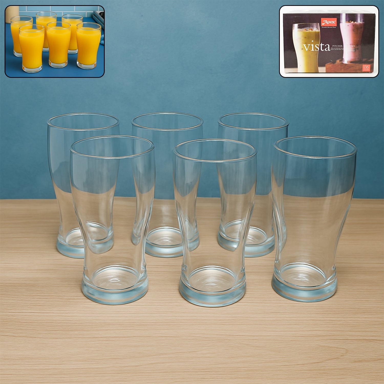 Vista unbreakable pitcher glass set with six clear 350 ML glasses on display
