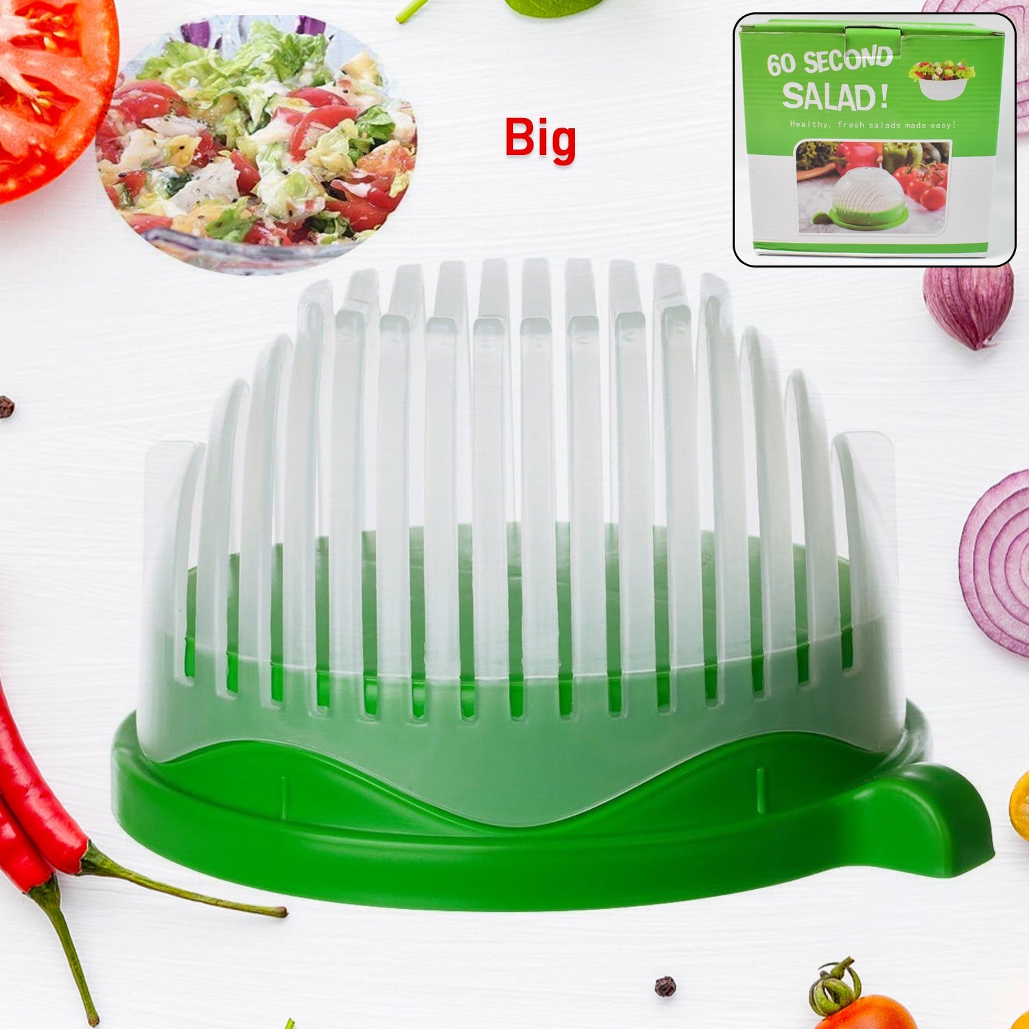 Overview of the plastic 60 Seconds Salad Cutter Bowl, highlighting its design.
