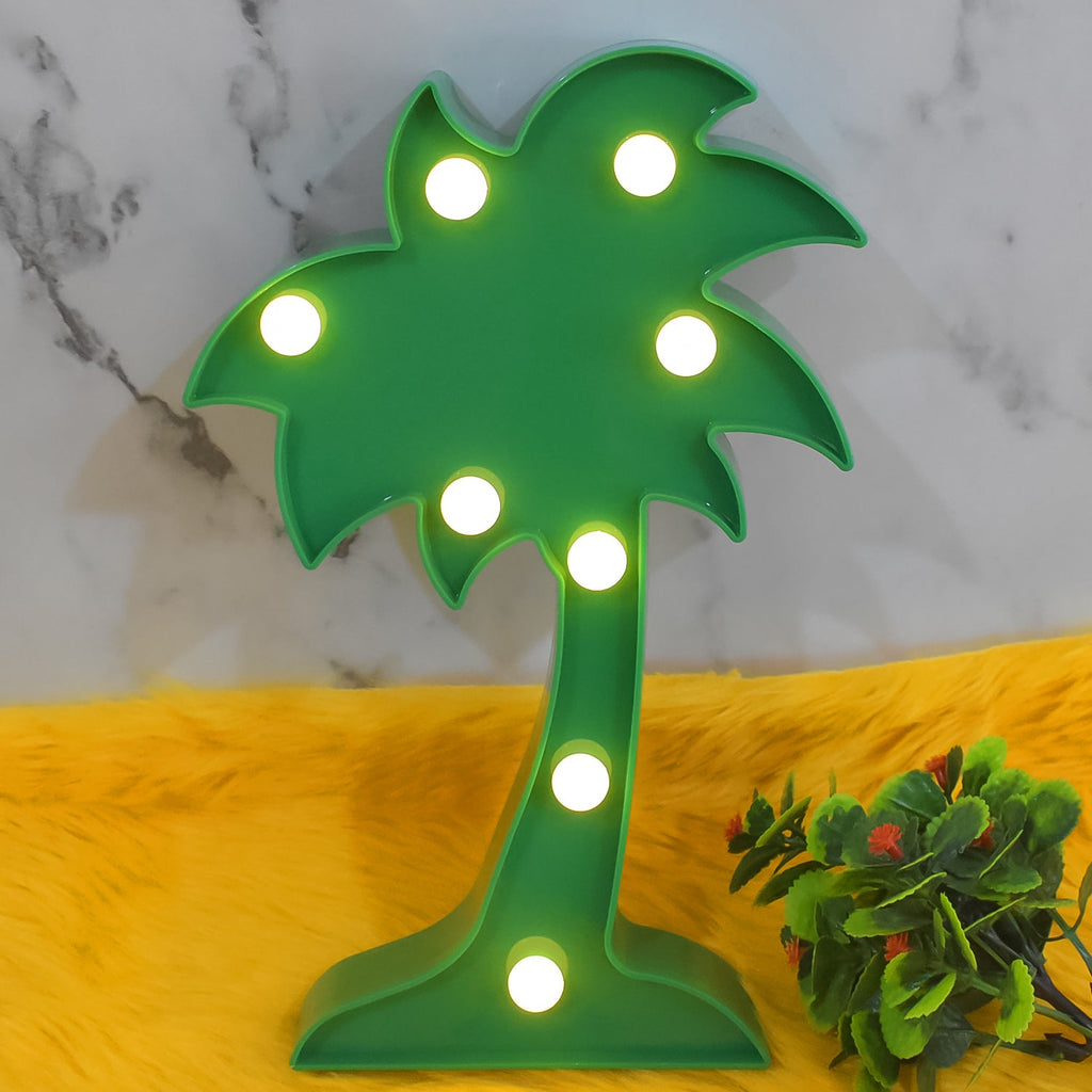 The Coconut Tree LED Lamp placed on a table, creating a romantic atmosphere in a home setting.
