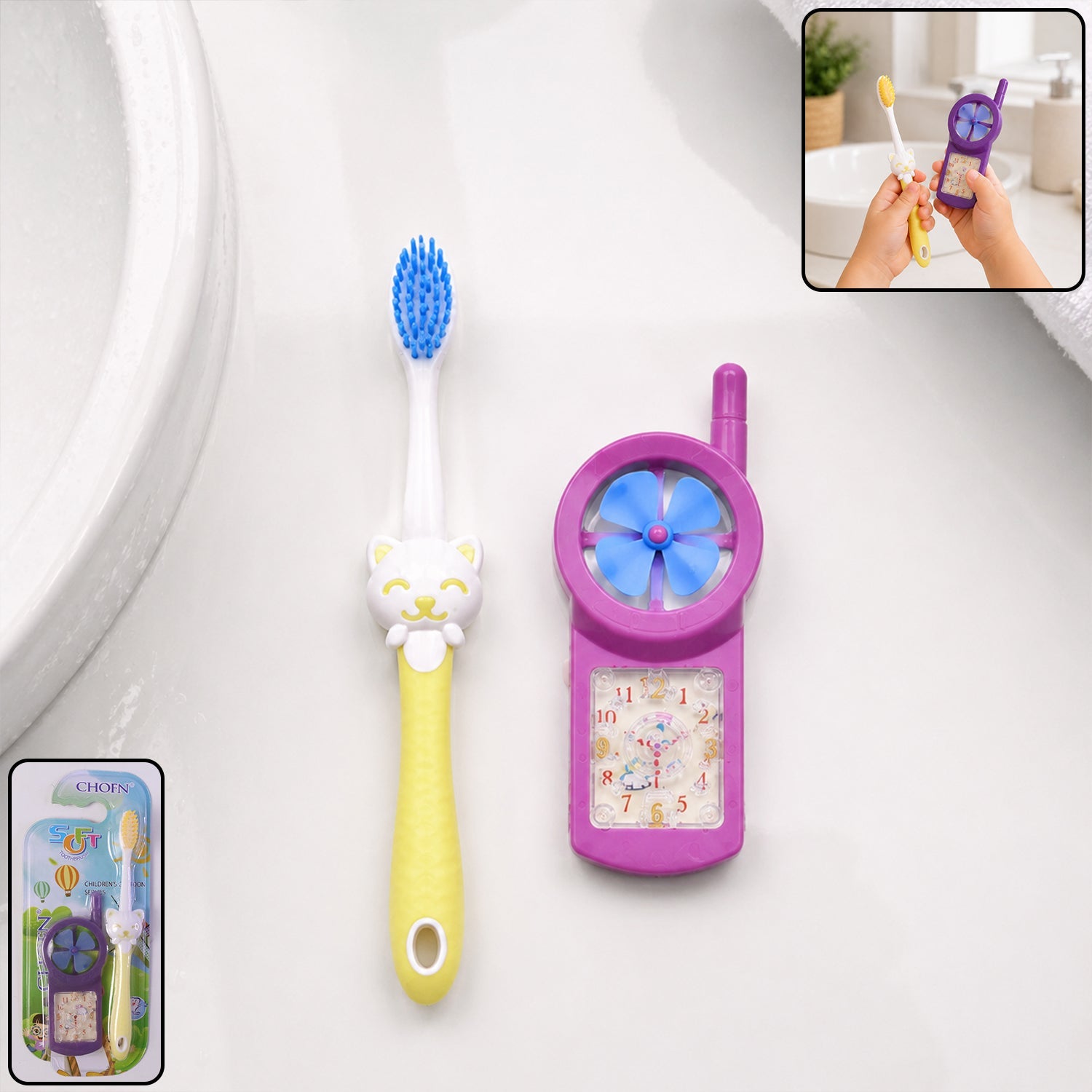 Kids toothbrush set with cartoon character design in packaging