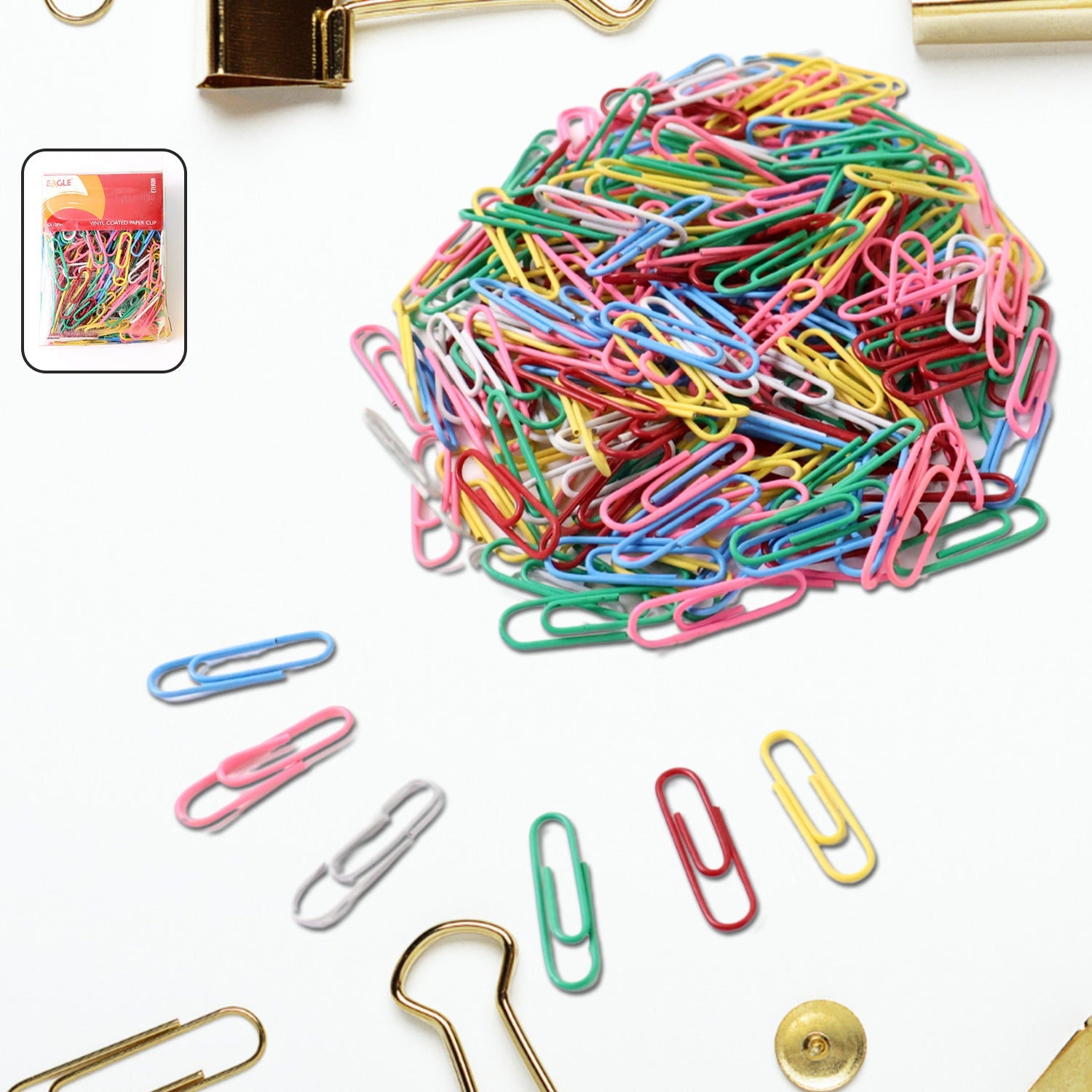 Set of multicolor paper clips with smooth vinyl coating for office use