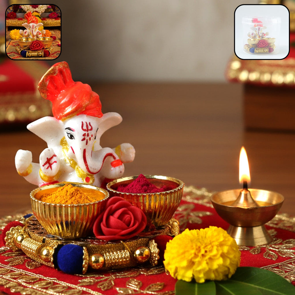 Ganesha pooja thali set with idol and decorative bowls for religious rituals