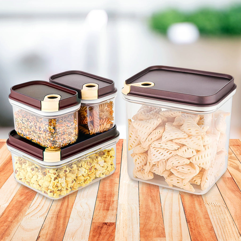 Airtight food storage container set with vacuum seal lids.