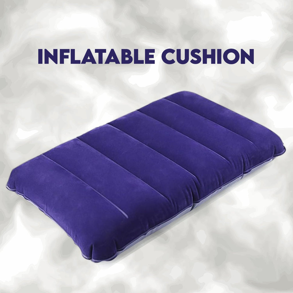 Close-up of the soft velvet flocked finish on the blue inflatable travel pillow.
