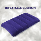 Close-up of the soft velvet flocked finish on the blue inflatable travel pillow.