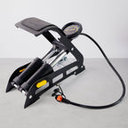 Portable dual-cylinder foot air pump for quick tire inflation on cars and bikes.
