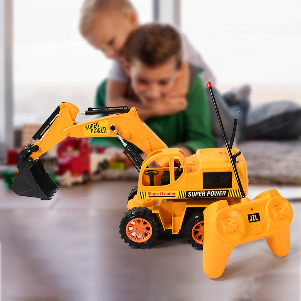 Angled front view of the JCB truck toy, highlighting its detailed design and remote control.