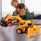 Angled front view of the JCB truck toy, highlighting its detailed design and remote control.