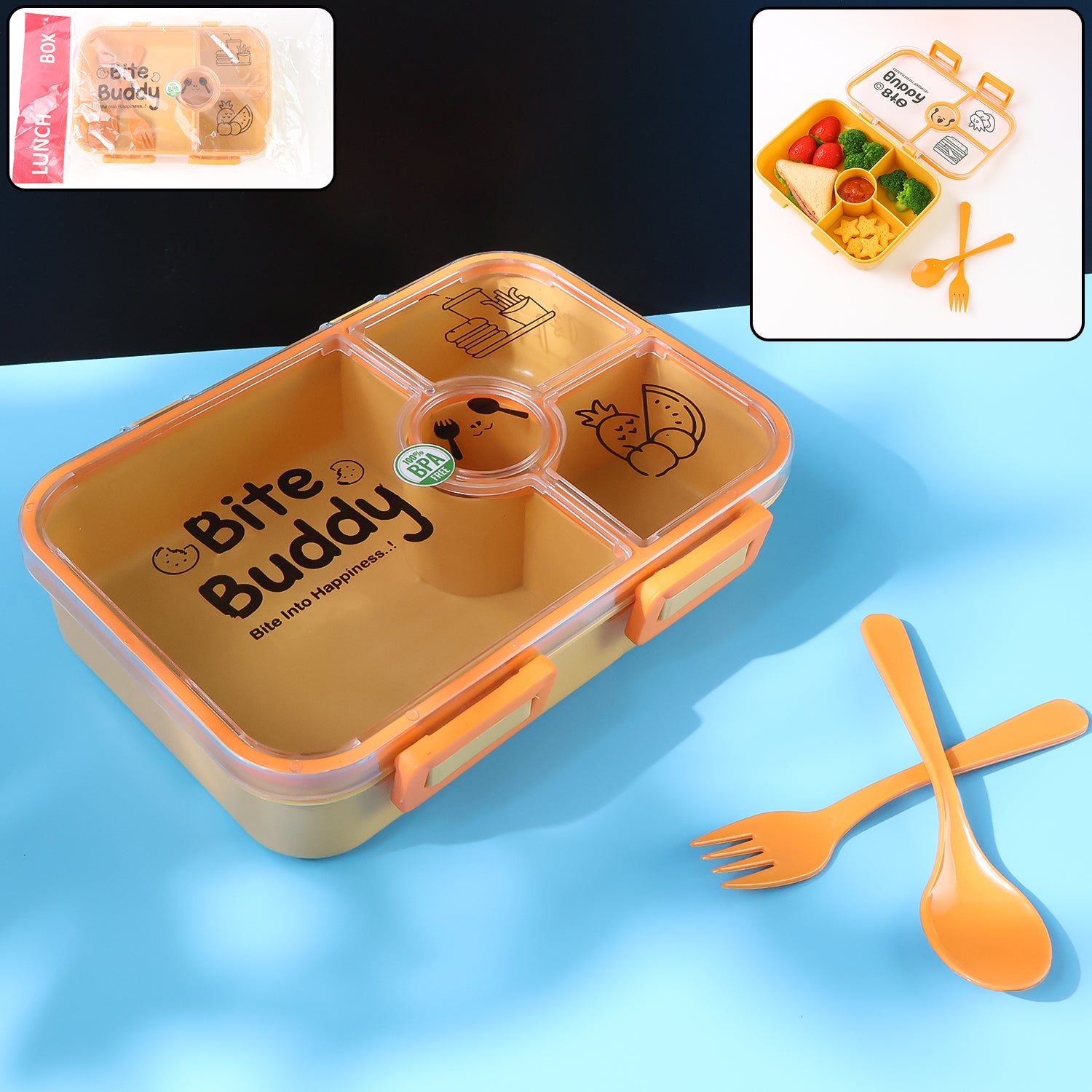 4-compartment leak-resistant lunch box with included spoon and fork
