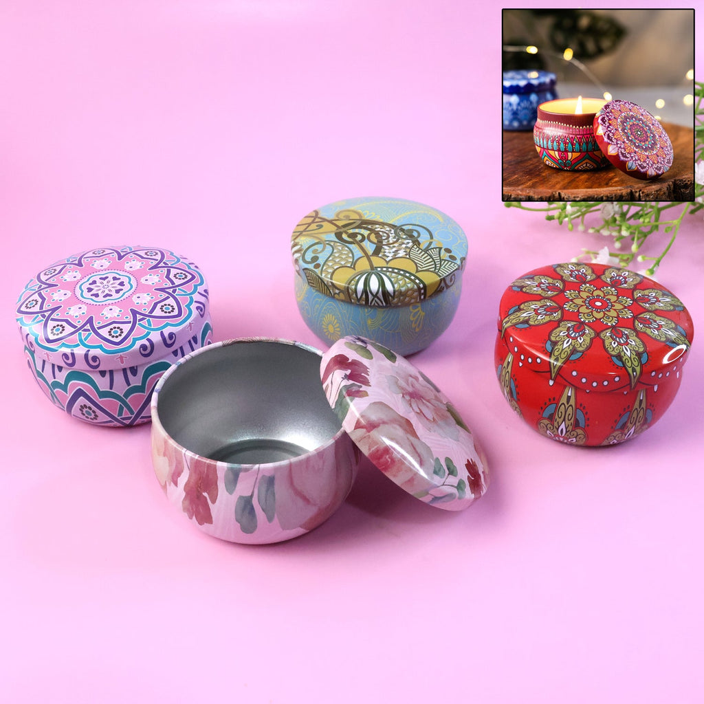 Set of 4 mandala printed metal candle containers with lids for DIY candle making