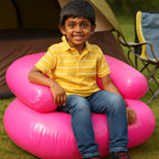 Front view of the blue inflatable kids sofa chair, perfect for playrooms.