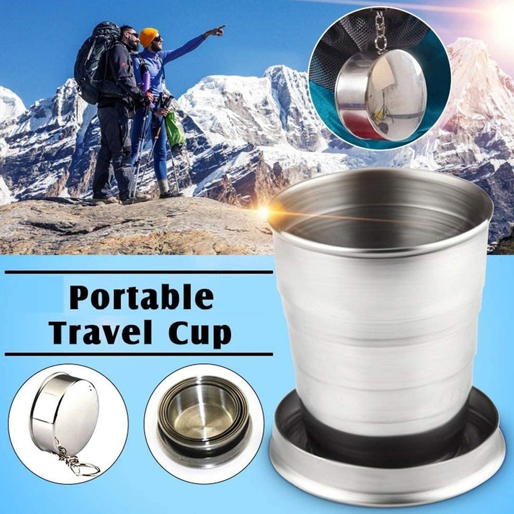 Folding camping cup with keychain, folded on a white background, showcasing its compact size.