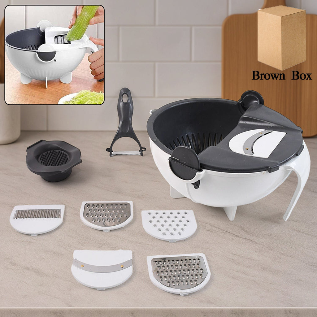 9-in-1 vegetable chopper with all accessories including blades and drain basket