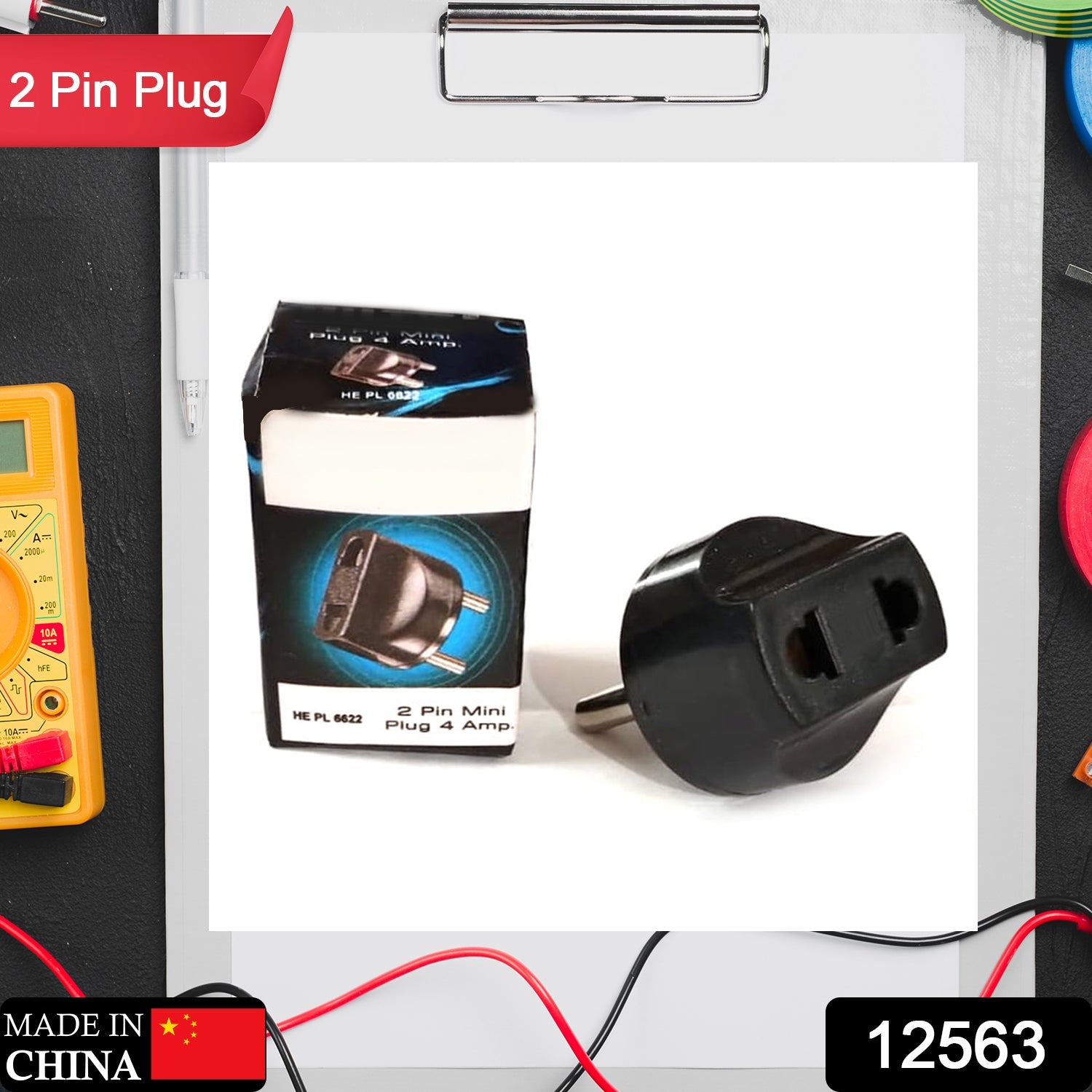 Front view of the compact 2 Pin Plug Adapter made from durable black plastic.