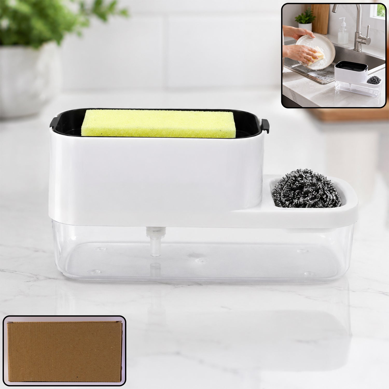 Dish soap dispenser and sponge holder set neatly placed on kitchen counter