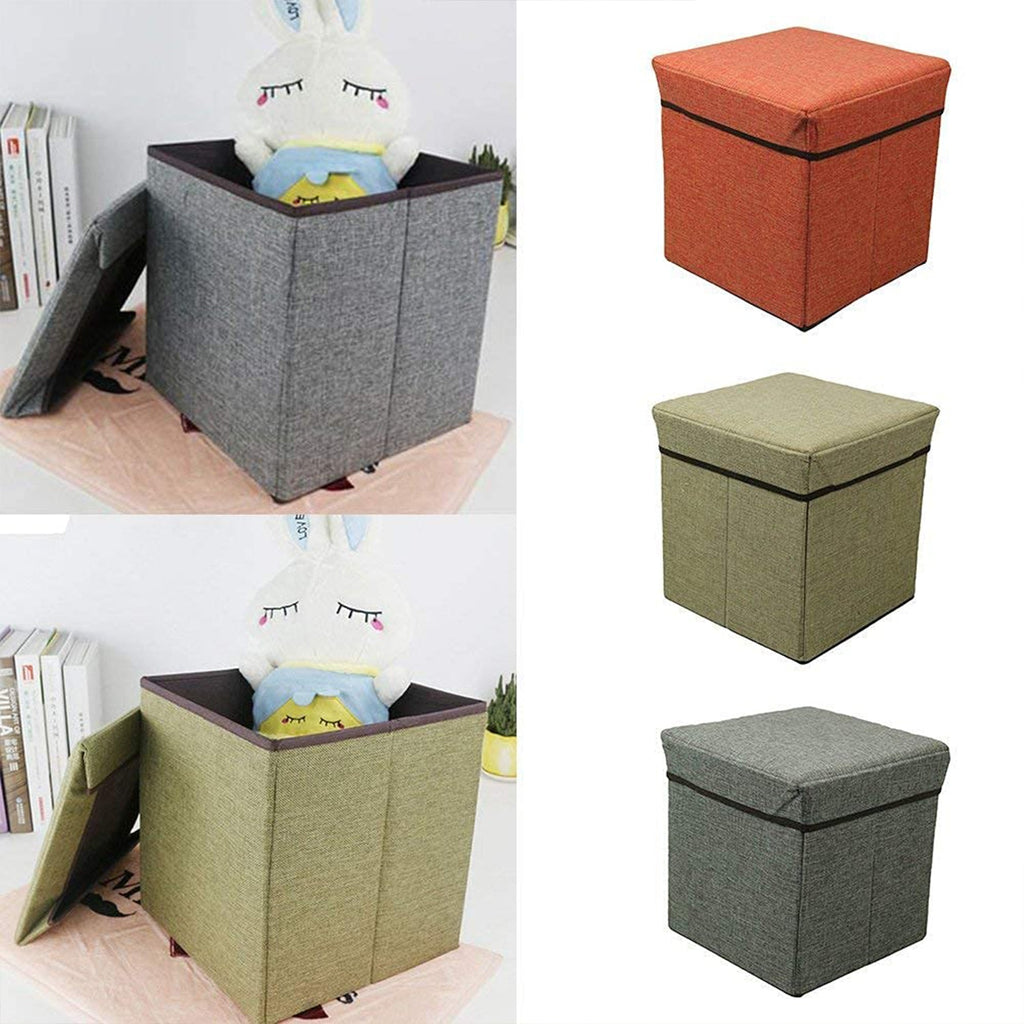 A compact cube storage stool in a living room setting, demonstrating its functionality as extra seating and storage.