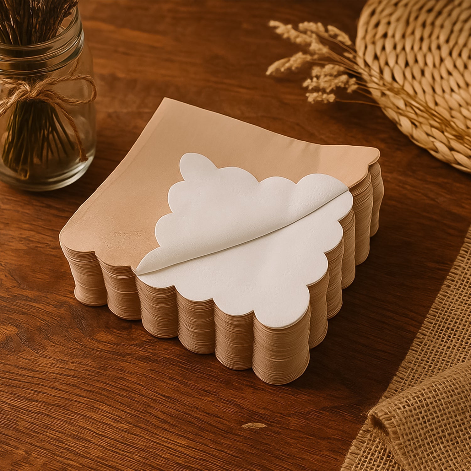 Fancy scalloped edge disposable tissue napkins arranged on table