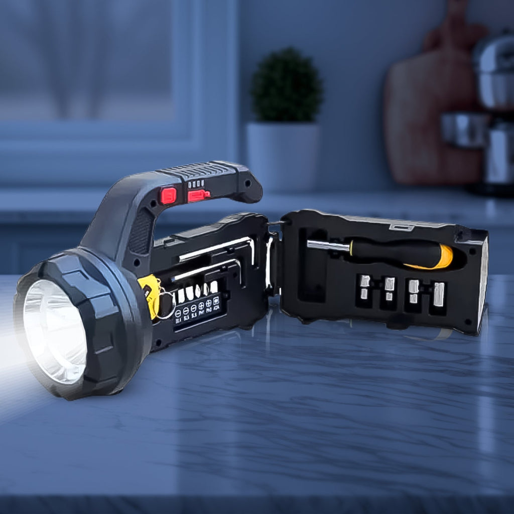 SOS Light with Toolbox, showing its integrated tools and powerful torchlight.