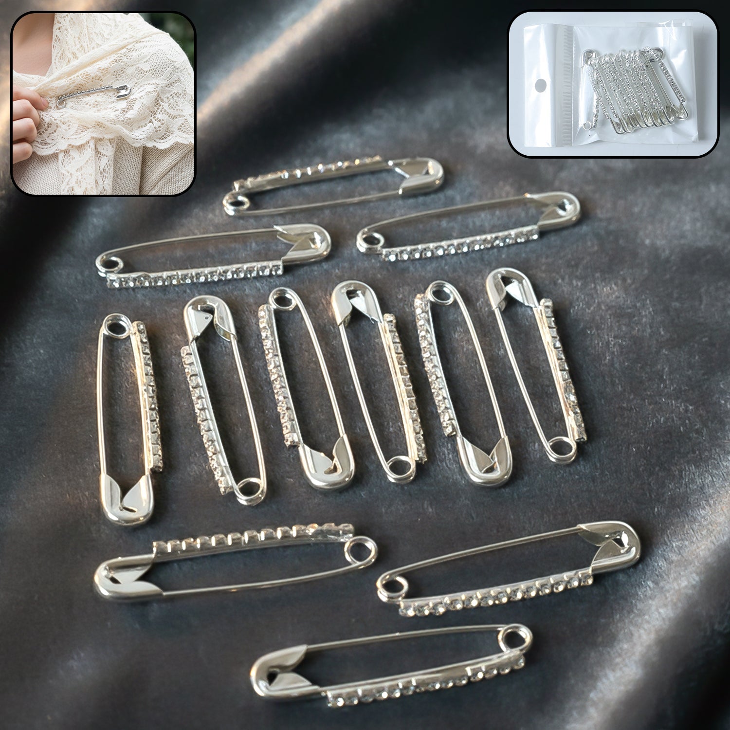 Single decorative silver safety pin brooch featuring sparkling crystal detail