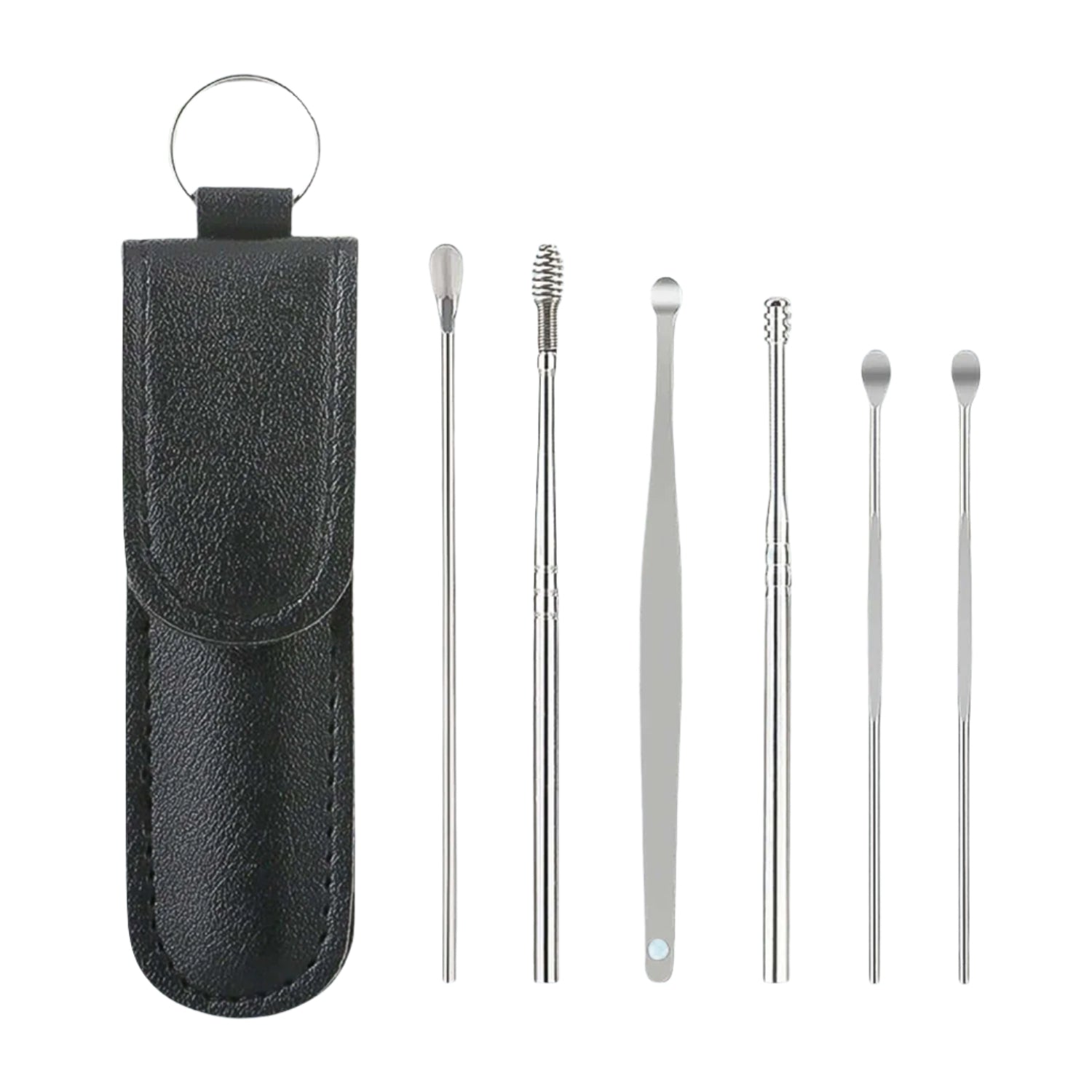 The comprehensive ear wax cleaner kit displayed with its elegant black leather travel pouch.
