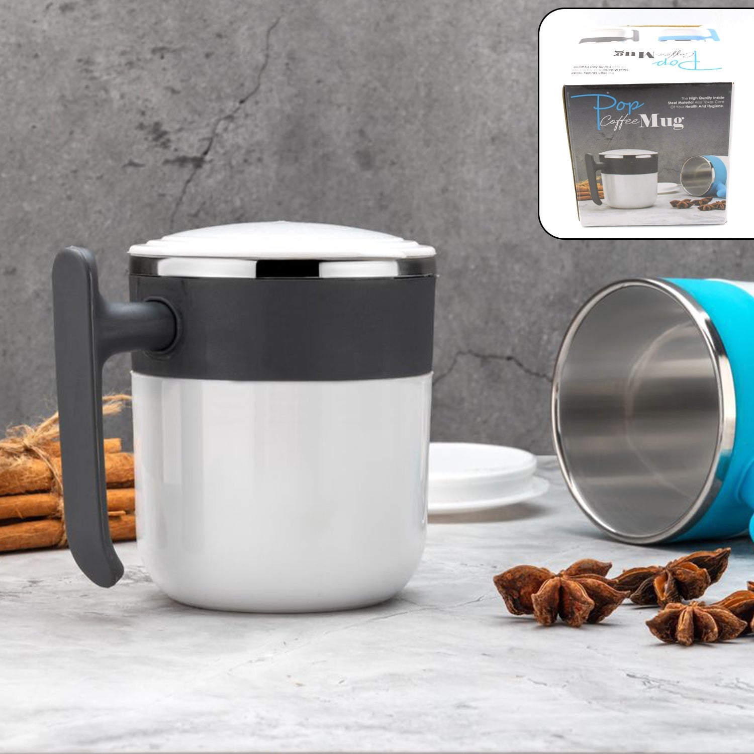 Front view of a sleek, black insulated coffee mug with its spill-proof lid.