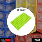 The flexible 60-cavity plastic ice cube mold filled with water, ready for freezing.
